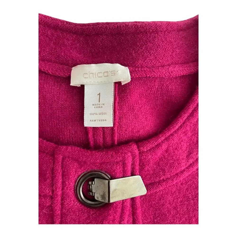 Chico’s Hot Pink 100% Wool Jacket with Silver Toggle Snaps - Size 1